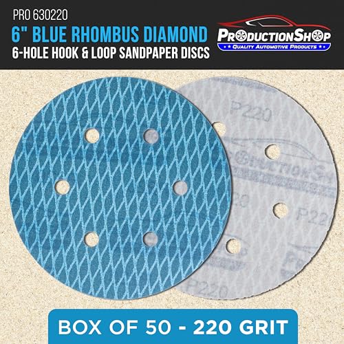 ProductionShop Premium 220 Grit 6" Rhombus Diamond Shape Blue Sanding Discs, 6-Hole, Box of 50 - Hook & Loop Anti-Clogging J-Cloth Dustless Sandpaper for Random Orbital Sanders, Sand Auto Paint, Wood - style: 220 Grit