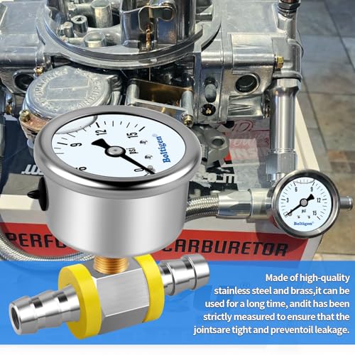 Boltigen Fuel Pressure Gauge, 1/8'' NPT Inline Fuel Pressure Guage Kit with 3/8'' Barb, Stainless Steel, 0-15Psi Glycerin Filled, Center Back Mount (White) - color: White