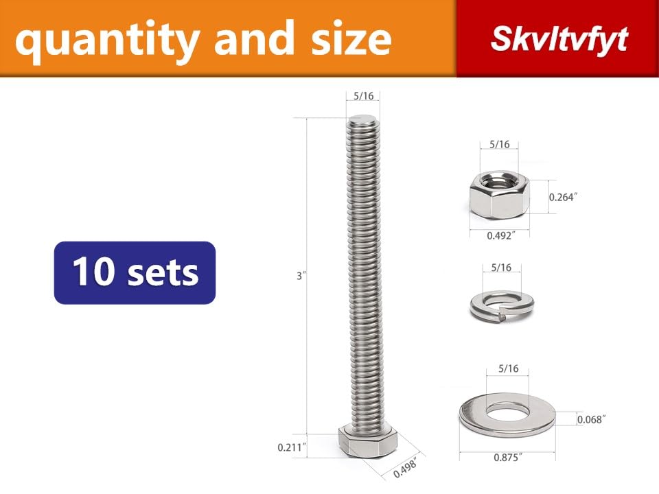 (10 Sets) 5/16-18 x 3" Hex Head Screw Bolt, Nuts, Flat Washer & Spring Lock Washers, 18-8 (304) Stainless Steel, Fully Threaded, by Skvltvfyt - size: 5/16-18x3" (10 Sets)
