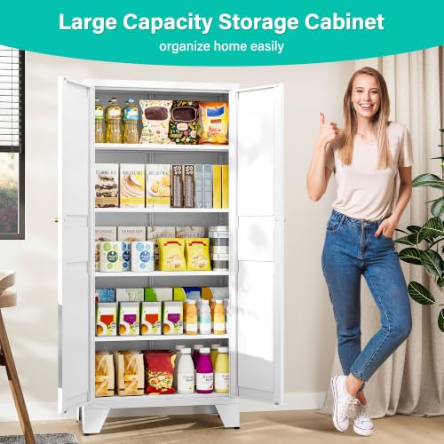 SISESOL Metal Storage Cabinet with Doors and Shelves,White Storage Cabinet with Leg & Vent Hole,Food Pantry Cabinets,5 Tier Metal Pantry,Tall Large Cupboard for Home,Kitchen,Dining/Living/Laundry Room - color: White, size: 61"H