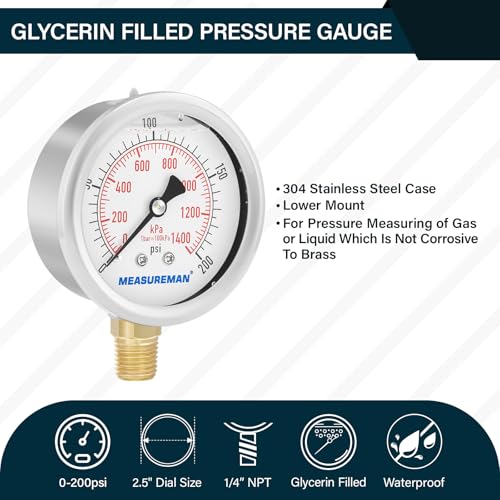 MEASUREMAN 2-1/2inch Dial Size, Liquid Filled Pressure Gauge, 0-200psi/kpa, 304 Stainless Steel Case, 1/4 inchNPT Lower Mount - size: 0-200 psi, style: Lower Mount