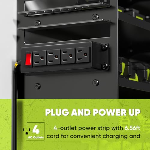 POKIPO Large Power Tool Organizer Wall Mount with Charging Station,4 Layer Heavy Duty Metal Tool Storage Rack Loads 600lbs with 8 Cordless Drill Holder,Battery Utility Rack Loads with 4 Power Strip - color: Black, size: Large