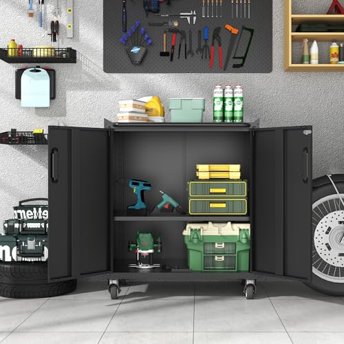 Metal Storage Cabinet for Garage, Tool Cabinet, Utility Cabinet - color: Black, size: M - 2 Doors (Wheeled)