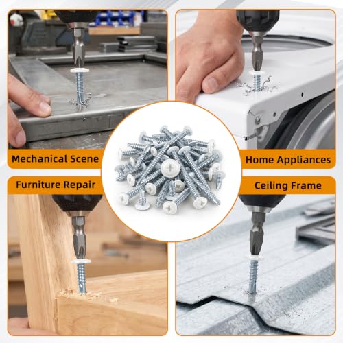 Mellewell #8 x 3/4" Modified Truss Head Fast Self Tapping Screws, White Head Self Drilling Sheet Metal Screws, Carbon Steel, Screwdriver Bit Included, 100 PCS - color: White, size: #8 x 3/4"