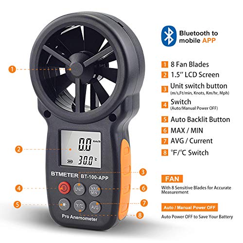 BTMETER BT-100APP Bluetooth Anemometer, Handheld Wind Speed Meter with App - color: BT-100APP Anemometer