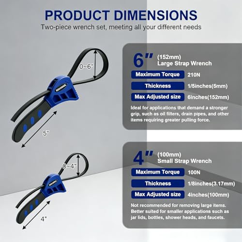 2 PCS Heavy-Duty Strap Wrench Set Upgrade 4" to 6" Diameter Blue - color: Blue