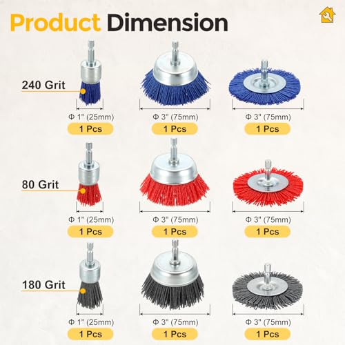9pcs 1-3in Wire Wheels Cup Brush for Drill, 1/4in Shank, Nylon - size: 1-3in