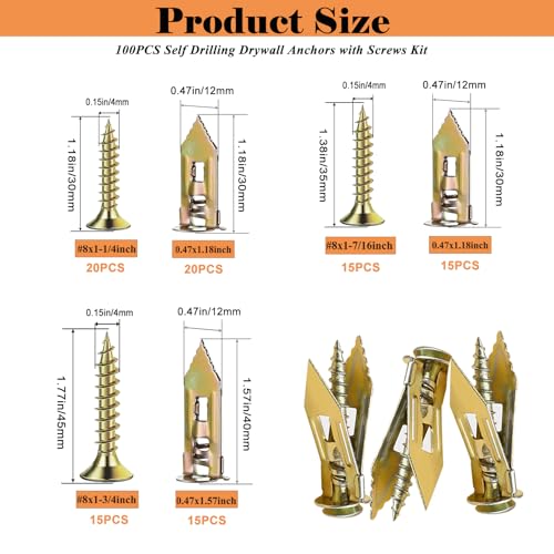 100PCS Self Drilling Drywall Anchors with Screws Kit, 2‑Sizes Wall Anchors, 3‑Sizes Expansion Screws, Heavy‑Duty No Drill Sheetrock Anchors, Holds Up to 66LB for Shelves & Picture Frames - color: 100PCS-KIT