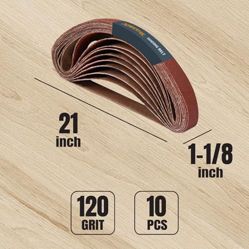 POWERTEC 1-1/8 x 21 Inch Sanding Belts for Makita 9031 Belt Sander, 120 Grit Aluminum Oxide Belt Sander Sanding Belt for Wood & Paint Sanding, Metal Polishing, 10PK (412112) - style: 1-1/8 x 21, 120 Grit