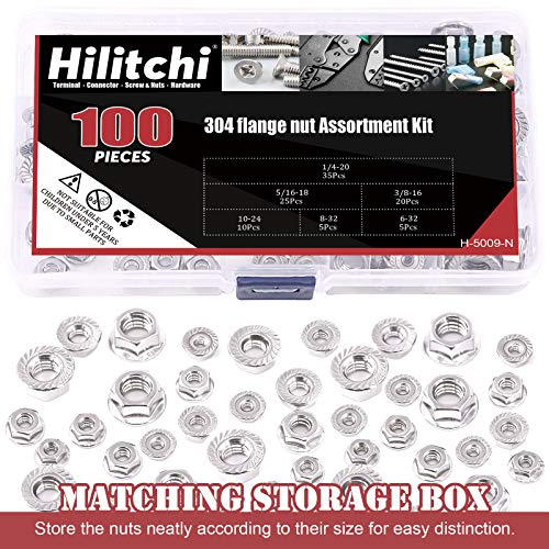 Hilitchi 100Pcs 304 Stainless Steel Serrated Flange SAE Hex Lock Nuts 1/4-20 5/16-18 3/8-16 10-24 8-32 6-32 Bright Finish Hex Flange Nuts Assortment Kit - size: 100Pcs SAE Hex Flange Nuts