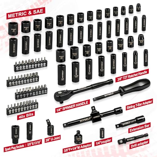 DIYSELF 95PCS 3/8" Drive Socket Set, 6-Point Metric & SAE Impact Socket Set
