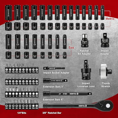 3/8 impact socket set, 92PCS 6-Point (5/16" to 3/4“,8mm to 22mm), Cr-Mo, with Adapters, Wrench, Quick Release Ratchet, Palm Ratchet Kit,Extension Bar & Storage Case - size: 92-Piece 3/8" Drive Impact Socket Set SAE