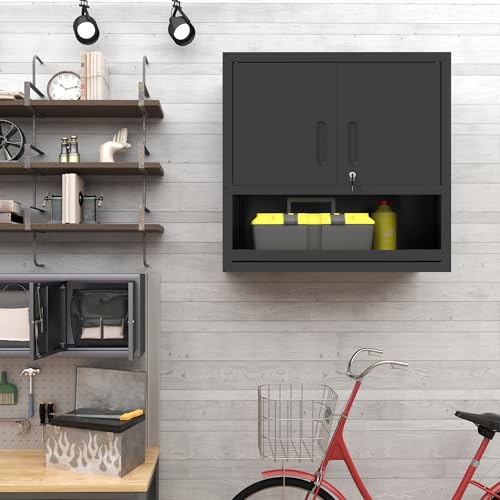 Garage Wall Cabinet with 2 Locking Doors and Shelf Metal Storage Cabinet - color: Black, style: 2 doors wall cabinet