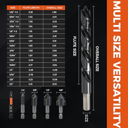 Luckyway Cobalt Drill Bit Set 21 PCS 1/16"-1/2" with Bullet Point Tip and Countersink Drill Bit 4 PCS 1/4"-5/8", TiAlN Coated for Hardened Metal, Mild Steel, Stainless Steel