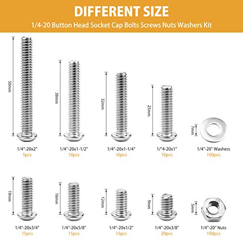 VIGRUE 300pcs 1/4-20 Hex Button Head Cap Screw, 304 Stainless Steel UNC Hexagon Bolts Flat Washers Nuts Assortment Kit Machine Screws Set, 8 Sizes (Length from 3/8" to 2") - size: 300pcs 1/4-20 Button Head