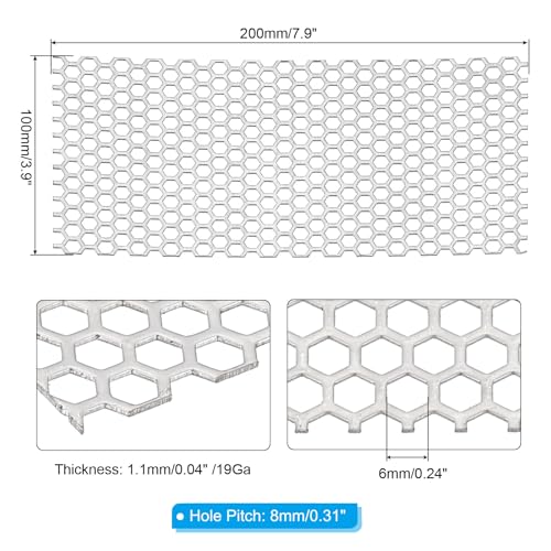PATIKIL 7.9" x 3.9" Perforated Metal Sheets, 19Ga 0.24" Hexagonal Hole 304 Stainless Steel Mesh Stagger Expanded Perforated Metal Plate for Ventilation Grill Security Grates - size: 7.9" x 3.9"