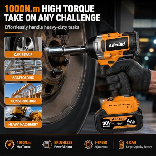 740 Ft-lbs Cordless 1/2" Brushless Impact Wrench with 4.0Ah Battery - size: 1000N.m-1 Battery