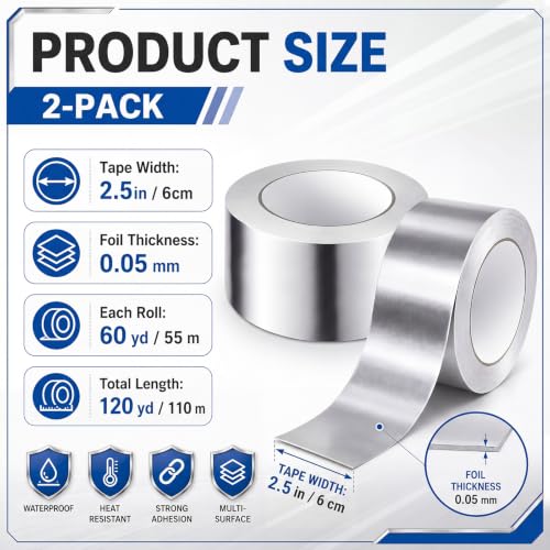 2 Pack Aluminum Foil Sealing Tape 2.5" x 60 yd Silver Aluminum Foil Tape for HVAC, Duct, Pipe, and Metal Insulation and Repair