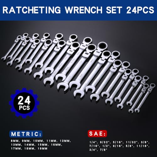 Qnkaa 24pcs Flexible Ratcheting Wrench Set Metric 8-19mm & SAE 1/4" to 7/8"