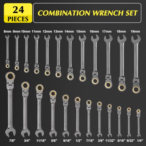 EMENTOL 24-Piece Flex Head Ratcheting Wrench Set, Metric & SAE Combination