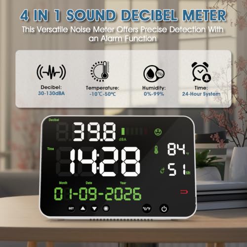 Digital Sound Level Meter 30-130dB with Alarm - Noise Decibel Monitor with Temperature,Humidity, Time, Calendar Display, 8-Level Dimmable, 11inch Screen, Wall Mounted for Classroom, Office, Factory