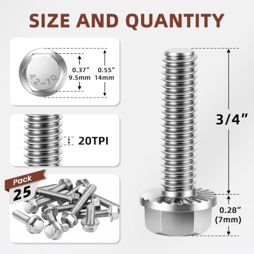 Mellewell 1/4-20 x 3/4" Flanged Hex Head Bolts Flange Hexagon Screws, Stainless Steel A2, DIN 6921, 25 PCS - color: Silver, size: 1/4-20 x 3/4"