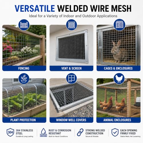 304 Stainless Steel Welded Wire Mesh Roll, Heavy Duty Metal Fence Wire for Chicken Coop, Garden Fence, Animal Enclosure, DIY & Home Improvement (1/4" Mesh, 23.5" x 20') - size: 1/4" Mesh, 23.5" x 20'