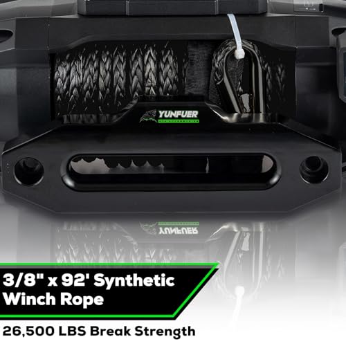 Synthetic Winch Rope with Hook, 3/8" x 92ft 26500LBS Winch Rope with Protective Sleeve, Forged Winch Hook and Safety Pull Strap for Off-Road 4x4 Vehicle, Truck(Black) - color: black, size: 3/8"x92ft