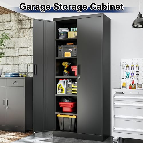 BESFUR Metal Storage Cabinet with 2 Doors and 5 Adjustable Shelves Garage Storage Cabinet with Lock 71" Office Storage Cabinets Locking Cabinets for Garage Office Shop Home (Black) - color: Black, size: 71"H x 31.5"W x 15.7"D