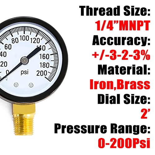 1/4" NPT 200Psi Steel Economical All Purpose Pressure Gauge with Brass Internals 2" Dial Display Bottom Mount - size: 0-200Psi (dry), style: Lower Mount-1/4"NPT