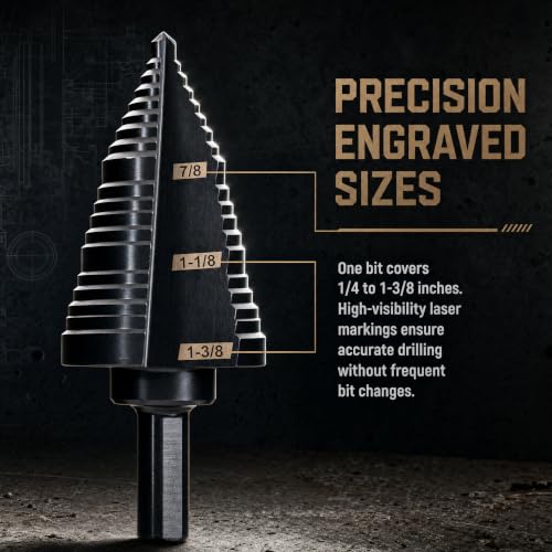 M2 HSS Step Drill Bit, 1/4"-1-3/8" Unibit, 118° Split Point
