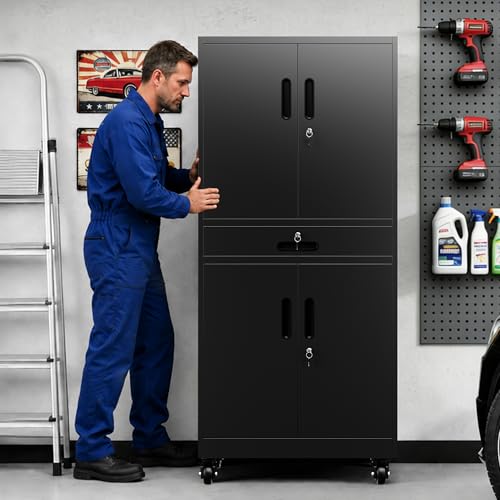 71'' Garage Storage Cabinet with Wheels,4 Locking Doors and 1 Drawer,Metal - color: Black, style: 71"H 2 doors 1 drawer with wheels