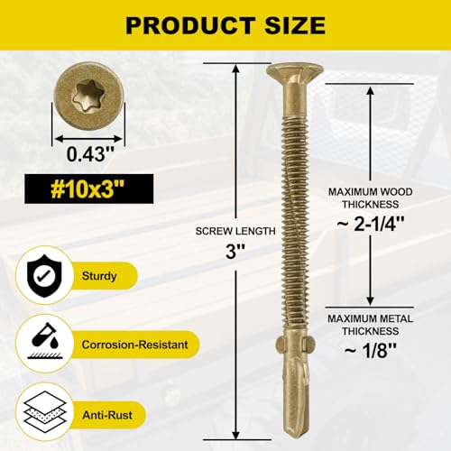 FMhotu #10 x 3 Trailer Deck Screws, Self-Tapping Sheet Wood Metal Screw, 258Pcs T25 Star Bits Reamer Tek Screws for Trailers, for Attaching Wood to Steel - color: Gold, size: #10 x 3in 258pcs