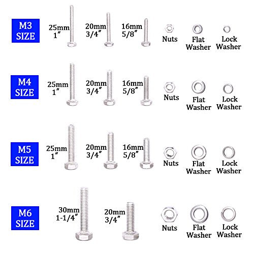 Glarks 665Pcs M3 M4 M5 M6 Stainless Steel Flat Hex Head Screws Bolts Nuts and Flat Gasket Spring Washers Assortment Set - style: Hex head screws