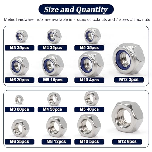 ZQZ 360Pcs Metric Hex Nut & Lock Nuts Assortment Kit (M3-M12) Hardware Nut - size: Metric Hex Nuts & Locknuts Assortment;360 PCS