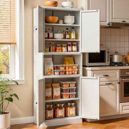 AQY Metal Pantry Cabinet, 72" White Kitchen Storage Cabinet with Doors - color: White, style: H72" - 4 Doors Wire Hole Hooks & Vents