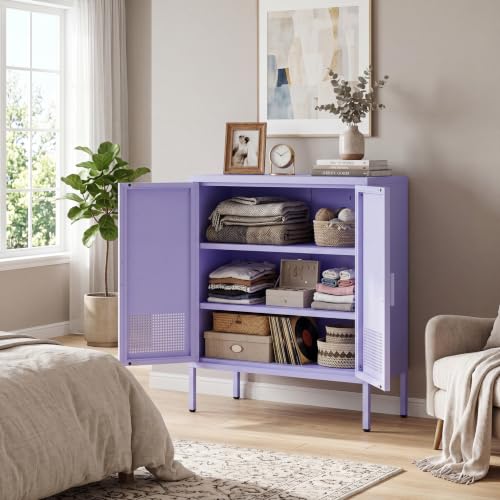 3 Tier Metal Storage Cabinet with Legs & 2 Doors, Locker Style Accent, 2 Adjustable Shelves, Multi-Purpose Organizer, Easy Assembly for Home, Office, Entryway, Purple - color: Lilac, style: Cabinet-33"H-TK
