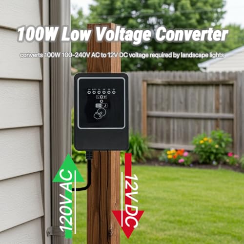 Wohenhao 100W Low Voltage Landscape Transformer, 100-240V AC to 12V DC Transformer with Timer and Photocell, Dusk to Dawn and 2/4/6/8H Countdown Timer for Outdoor Spotlight Pathway LED Lights
