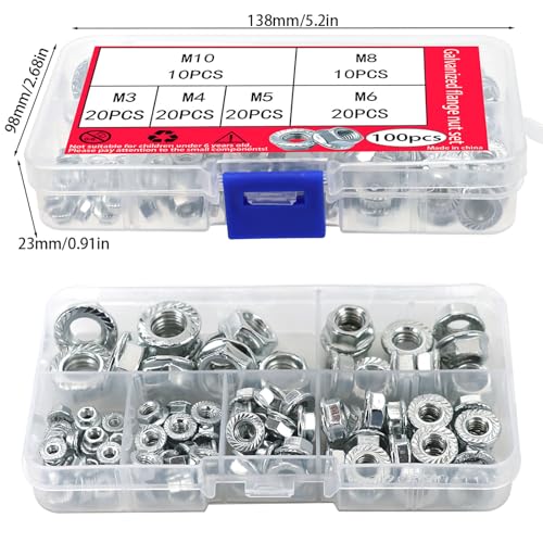 100PCS M8 Serrated Flange Nut Assortment Kit,Zinc Plated Hex Locking Hardware,Metric Thread Fastener Components for Automotive Machinery Construction Equipment Maintenance