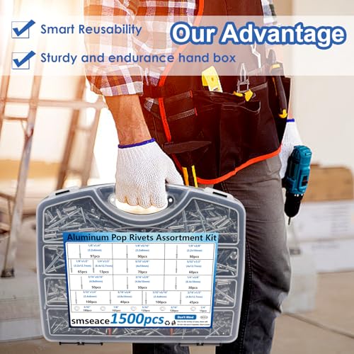smseace 1500Pcs Aluminum Pop Rivets Kit with Washers in Handheld Box - color: Silver Aluminum, size: 1500pcs