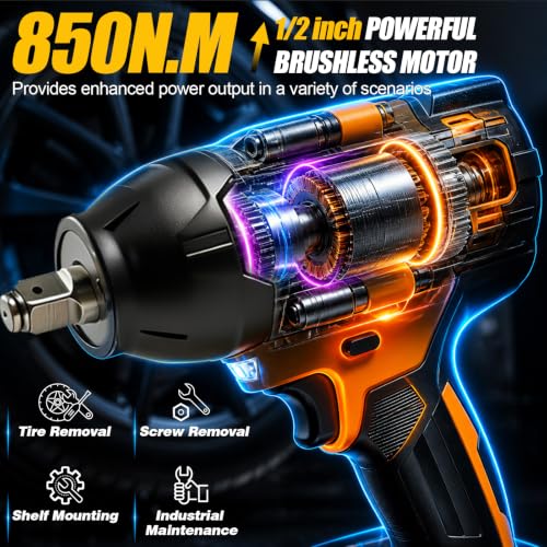 Cordless Impact Wrench 1/2, 850Nm Max Torque Brushless Motor, 2x 4000mAh Batteries & Fast Charger, Heavy Duty Electric Impact Gun for Auto Repair & Home Maintenance