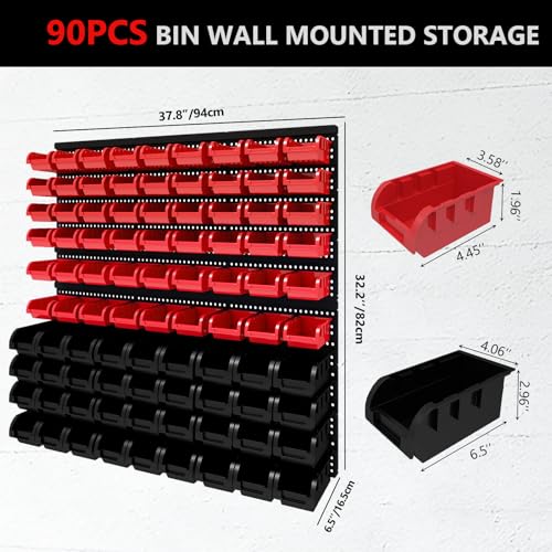 90Pcs Plastic Wall Mounted Storage Bins Parts Rack Nuts And Bolt Bins Organizer For Shop Garage for Screws, Nuts, Bolts, Nails, Beads, and Small Hardware Parts(RED+BLACK, 90) - color: Red+Black, size: 90
