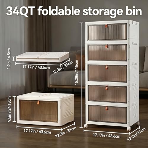 LDQ 170 Qt Large Storage Bins with Lids, 5 Tier Stackable Storage Cabinet with Wheels & Clear Doors, Foldable Plastic Closet Organizer for Bedroom, Bathroom & Kitchen - size: 5-layers