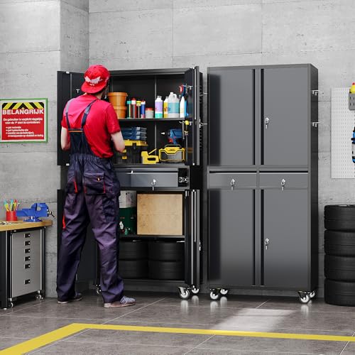 Aobabo Garage Storage Cabinet with 2 Drawers, Metal Storage Cabinet with Wheels for Garage Home,Assembly Required,Black Dark Gray - color: Black Drak Gray, size: 15.1"D x 30"W x 71"H