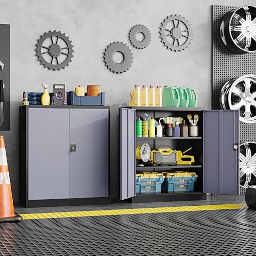 Metal Storage Cabinet,Locking File Cabinet with Doors and Adjustbale Shelves,Tool Steel Cabinets for Garage,Home Office,School,Gym(Grey & Black) - color: Black Grey, size: 35.4"H x 31.5"W x 15.7"D - A