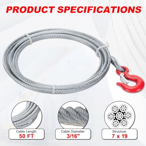3/16 Inch x 50 Feet, Galvanized Steel Winch Cable with Safty Hook - size: 3/16"x50ft