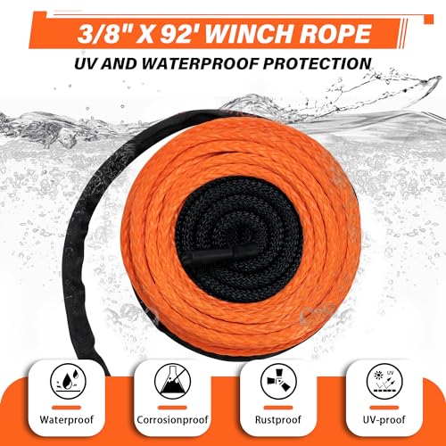 TYT Synthetic Winch Rope 3/8" X 92' with Hook, 27000LBS Synthentic Winch Cable Kit with Protective Sleeve for 4WD Off Road Vehicle Truck SUV Jeep (Orange) - color: Orange, size: 3/8" x 92'