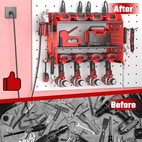 Power Tool Organizer Wall Mount 3 Layer Charging Station with 6 Outlets - color: Red