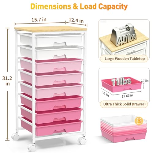 SUNALLY Rolling Cart With 8 Drawers, Storage Drawer Cart for Craft Art,Pink - color: Pink