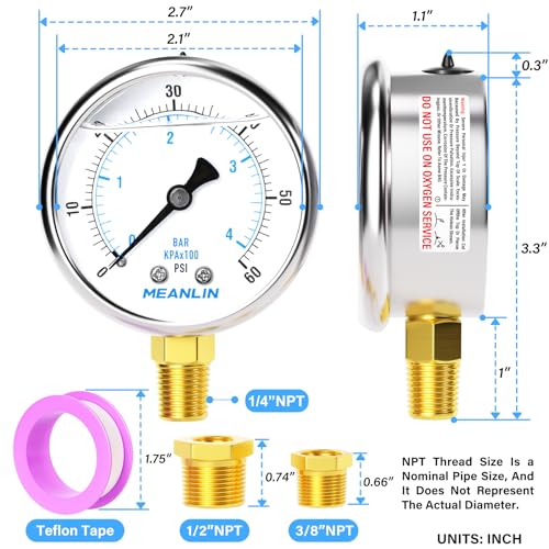 MEANLIN MEASURE 0~60Psi Stainless Steel 1/4" NPT 2.5" FACE DIAL Liquid Filled Pressure Gauge, Pool Sand Filter Pressure Test Lower Mount(Pack of 2) with 1/2" NPT and 3/8" NPT Hex Bushing - size: 0-60Psi (2Pcs)